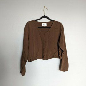 Flax By Jeanne Engelhart Womens Brown Lagenlook Linen Long Sleeve Crop Top Small